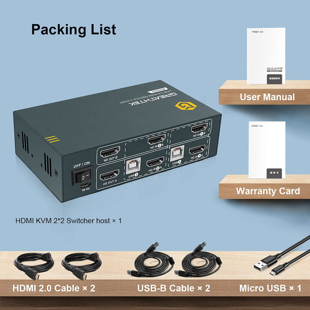 KVM Switch HDMI Dual Monitor 2 Port, UHD 4K@60Hz, with Cables I400989