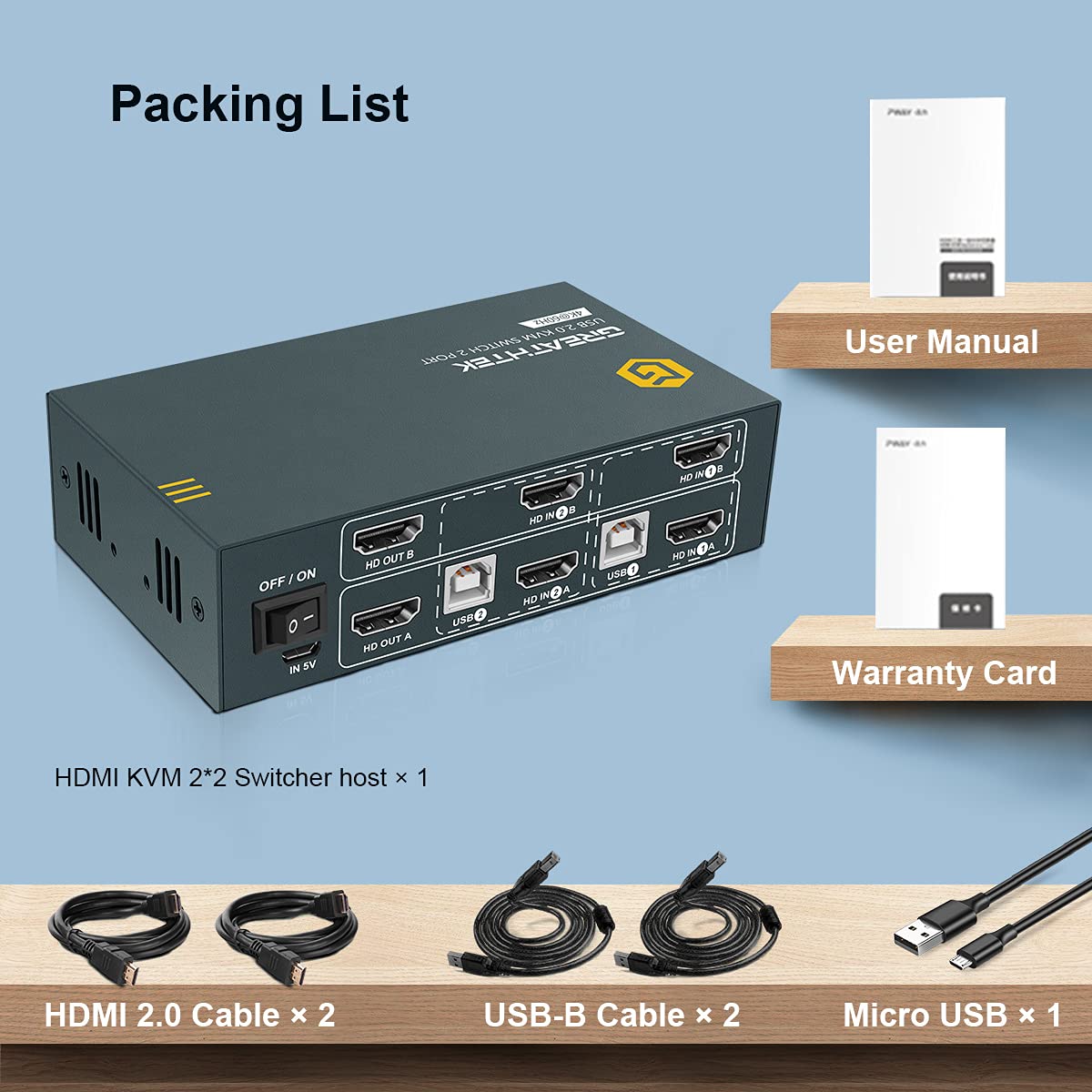 KVM Switch HDMI Dual Monitor 2 Port, UHD 4K@60Hz, with Cables I400989
