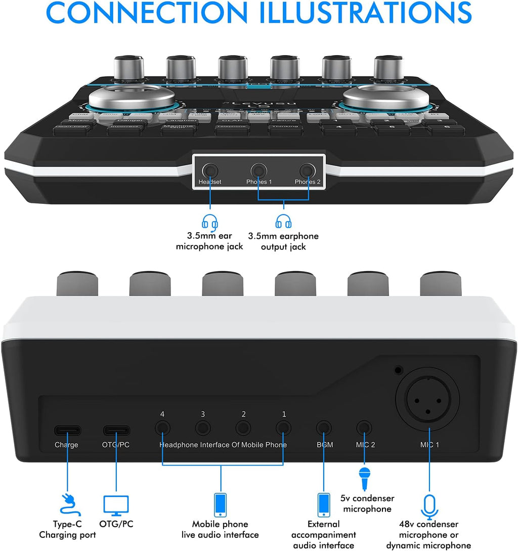 USB Digital Audio Interface with DJ Mixer and Live Sound Card, XLR, Phantom Power, Portable Podcast Studio Equipment U2304