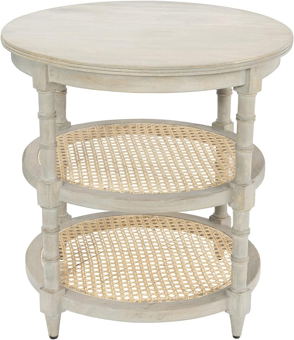Round Mango Wood Table with 2 Cane Shelves, Grey E40010