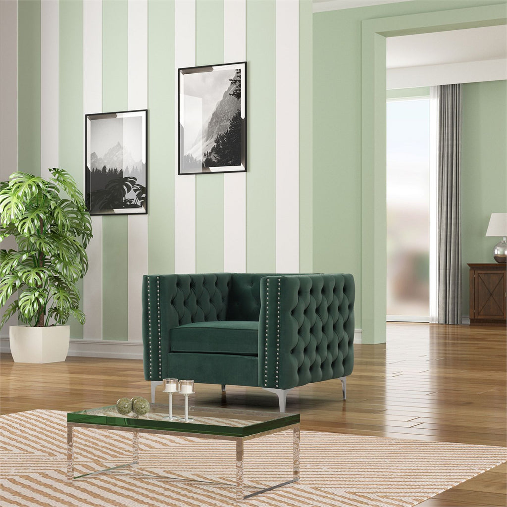 Dark Green 3-PC Velvet Loveseat and 2 Chairs Set W2456