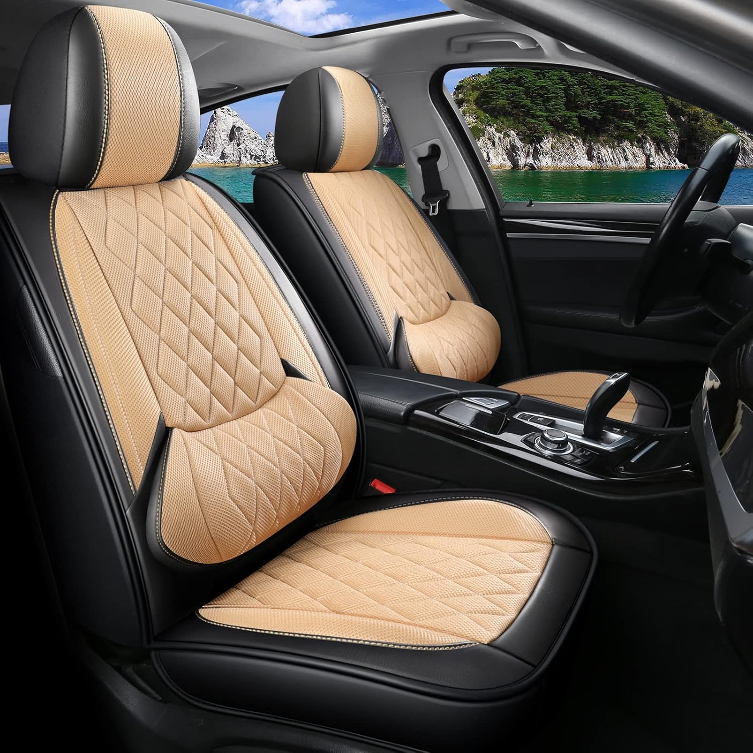 Beige Breathable Mesh Car Seat Cover 2 PCS Front Seat Y536090