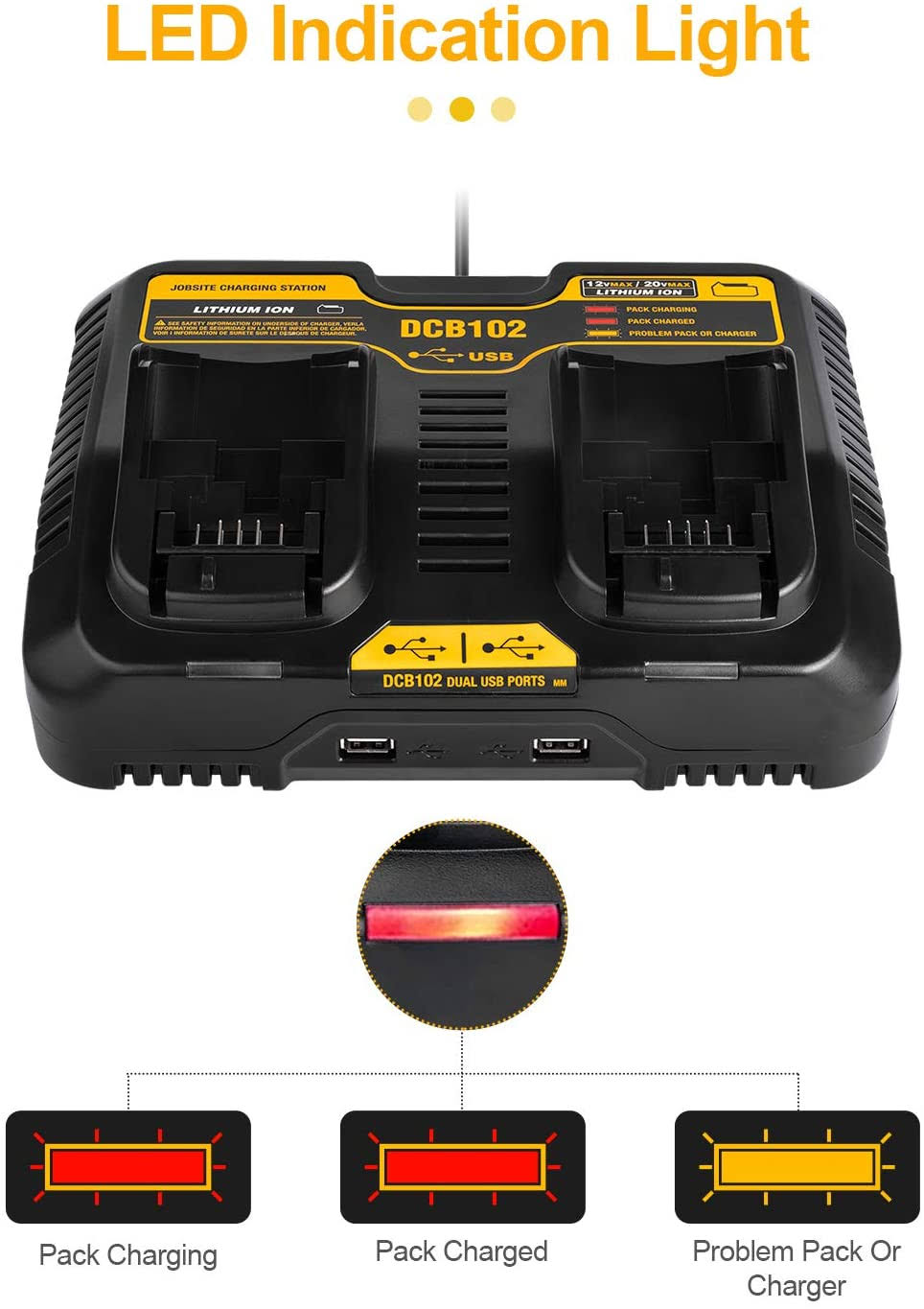 Replacement for DeWalt 12V-20V Max Li-Ion Battery Charger Dual Port K536