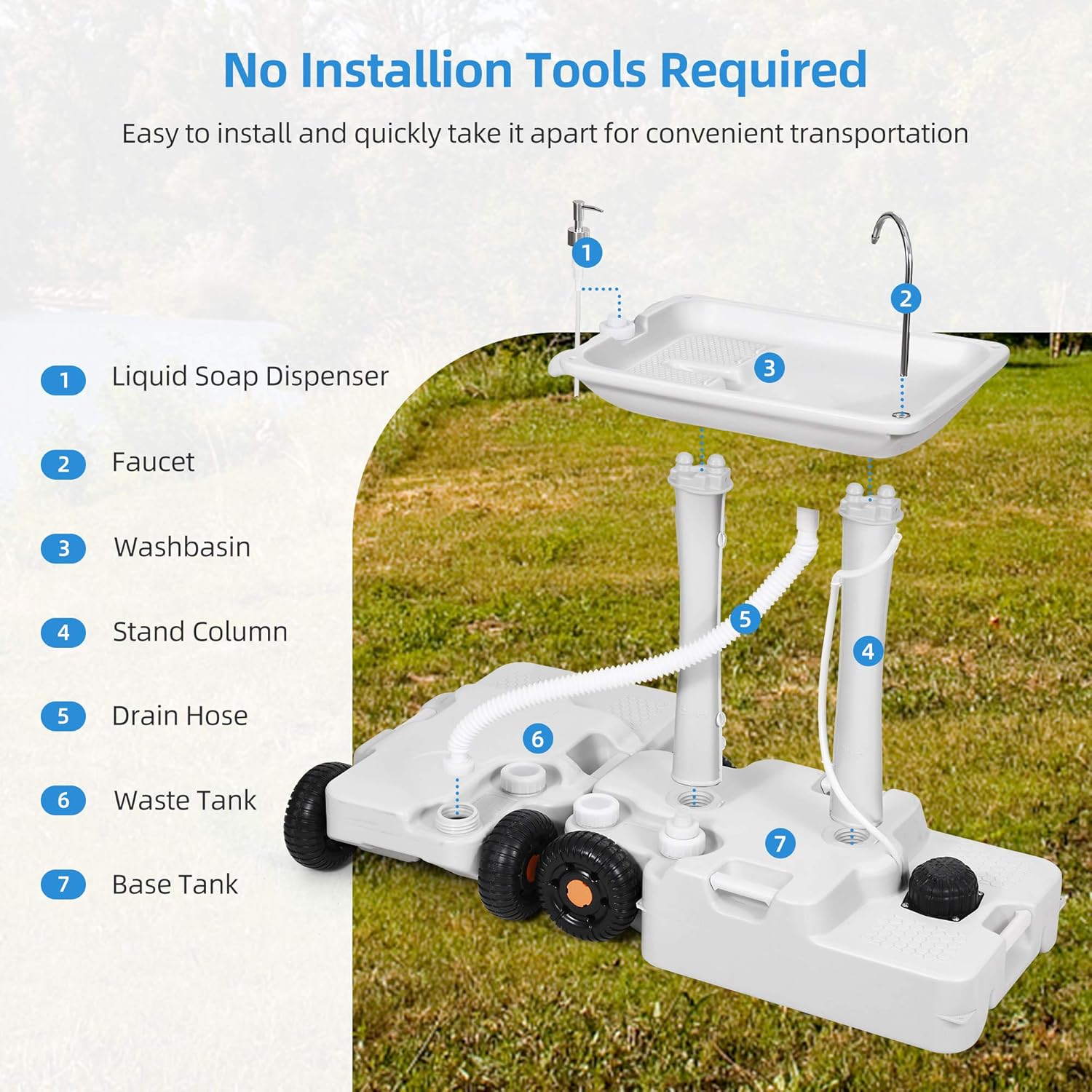 Portable Sink Camping 30 L with Rolling Wheels, Hand Washing Station with 30 L Sewage Tank U75335
