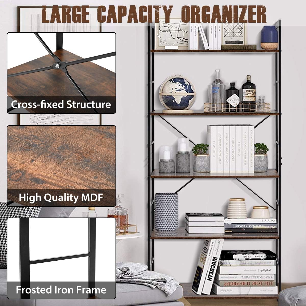4 Tier Rustic Wood and Metal Frame Bookshelf R733