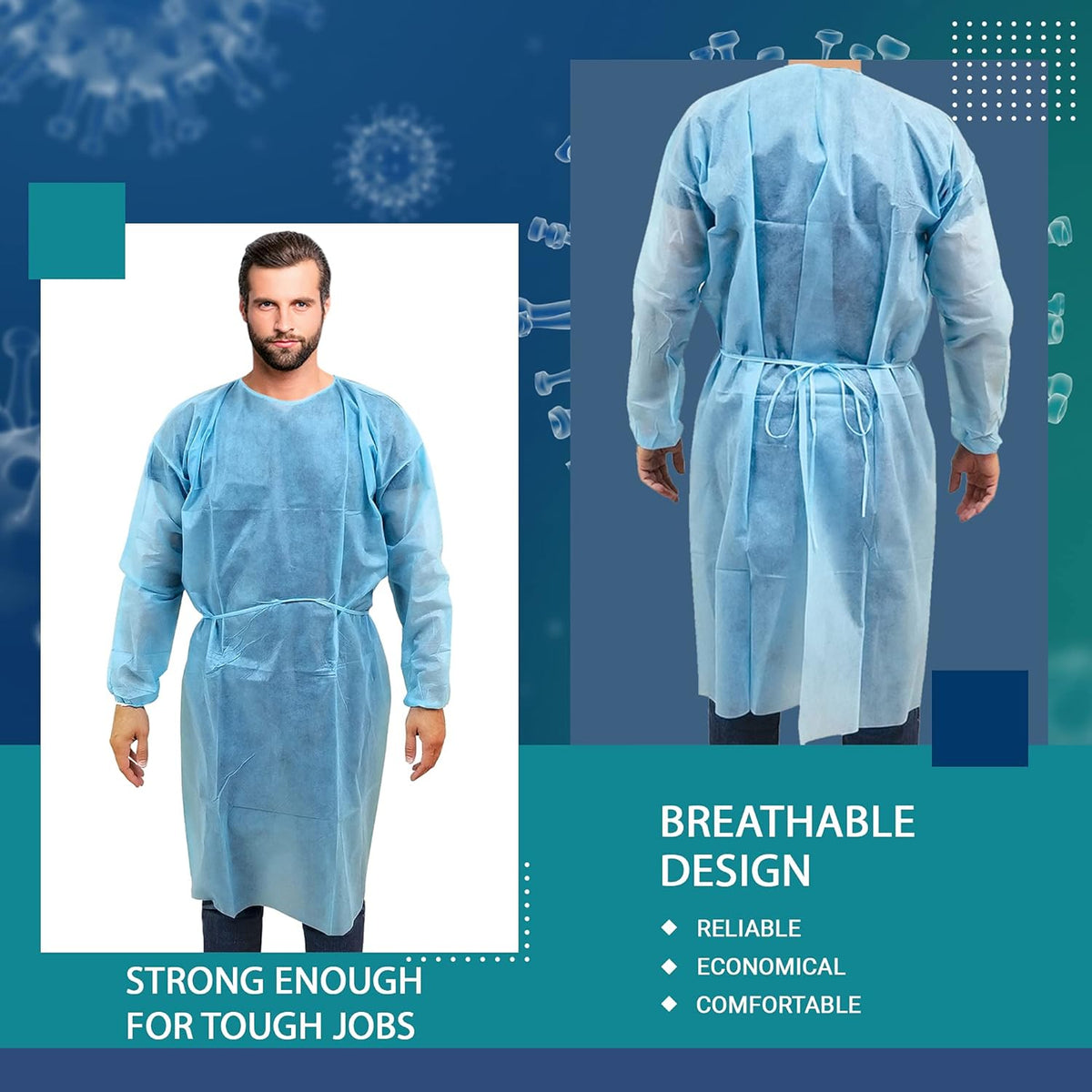 100 Pack Disposable Isolation Gowns Blue Level 2 SMS 40gsm Non-Woven Material G6241