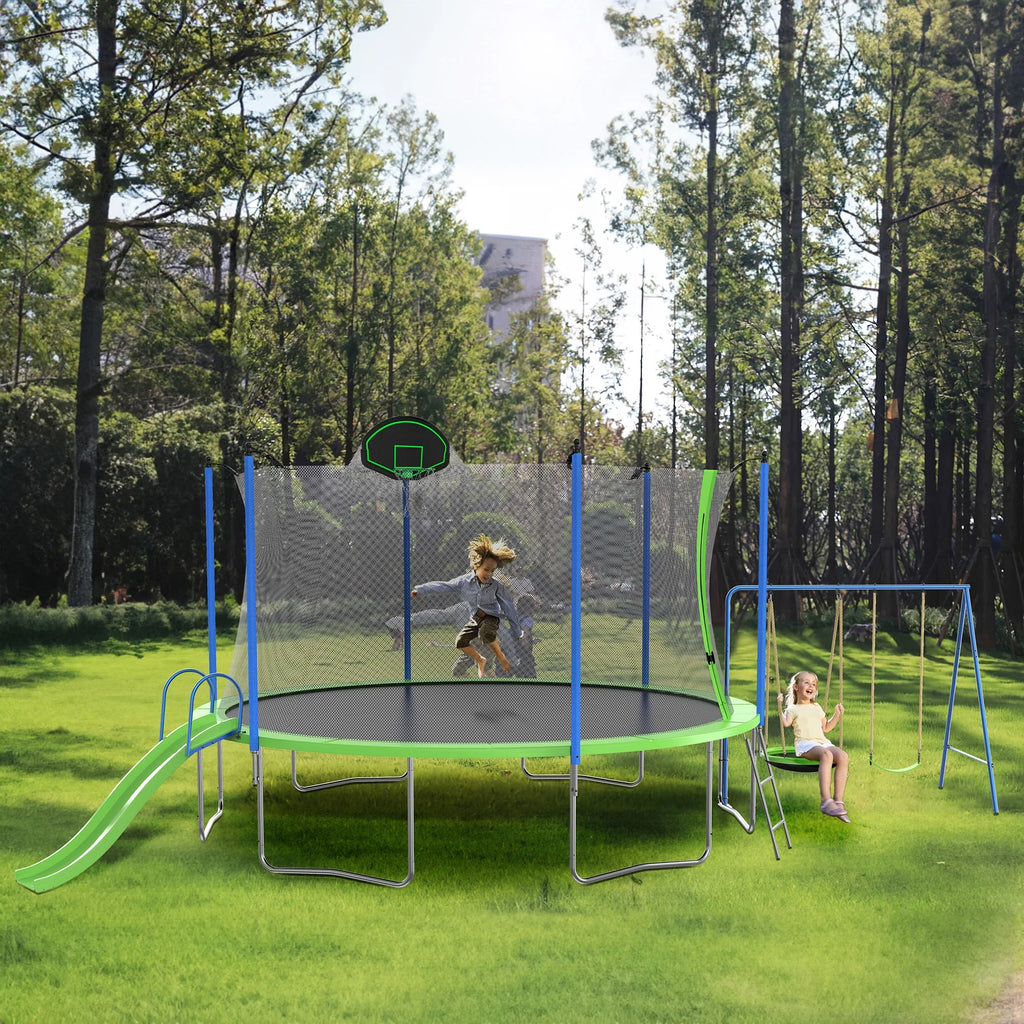 Blue 14FT Trampoline with Basketball Hoop Safety Enclosure Net Z57377