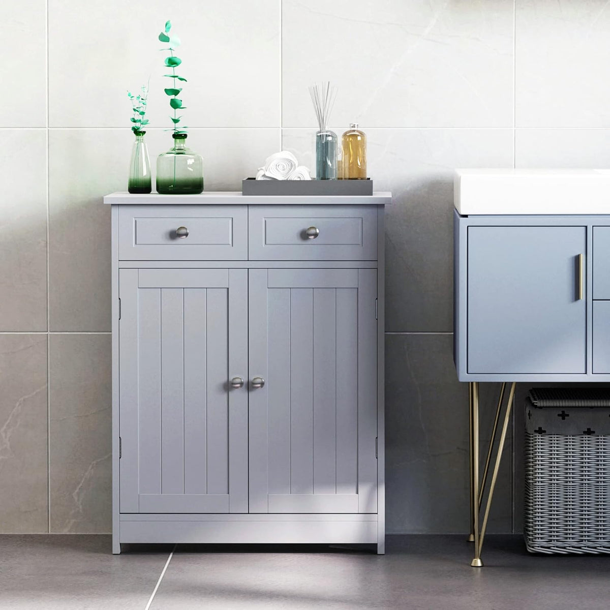 Grey Freestanding Bathroom Storage Cabinet with 2 Door, 2 Drawers, Adjustable Shelf Z31398