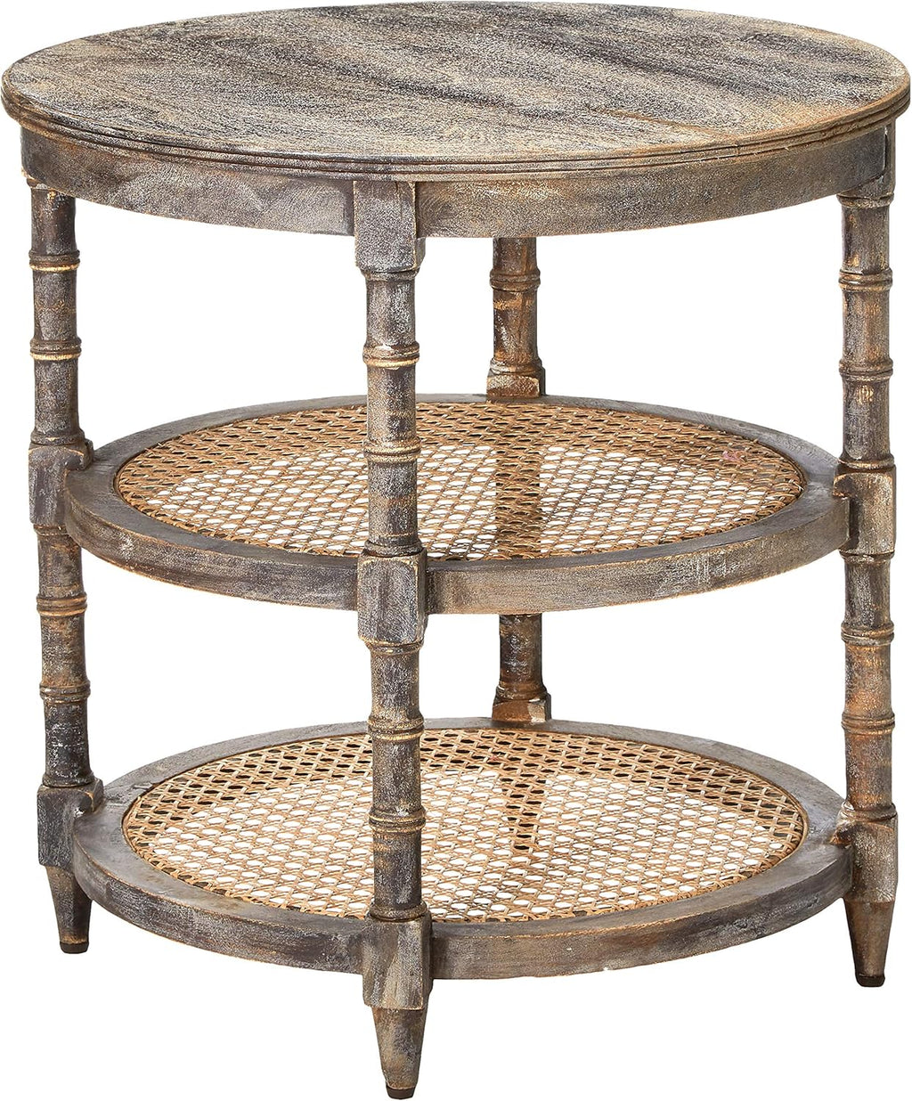 Round Mango Wood Table with 2 Cane Shelves, Grey E40010