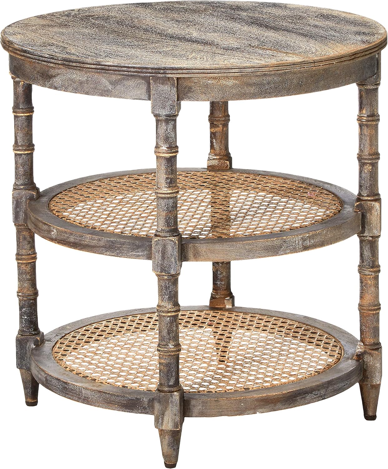 Round Mango Wood Table with 2 Cane Shelves, Grey E40010