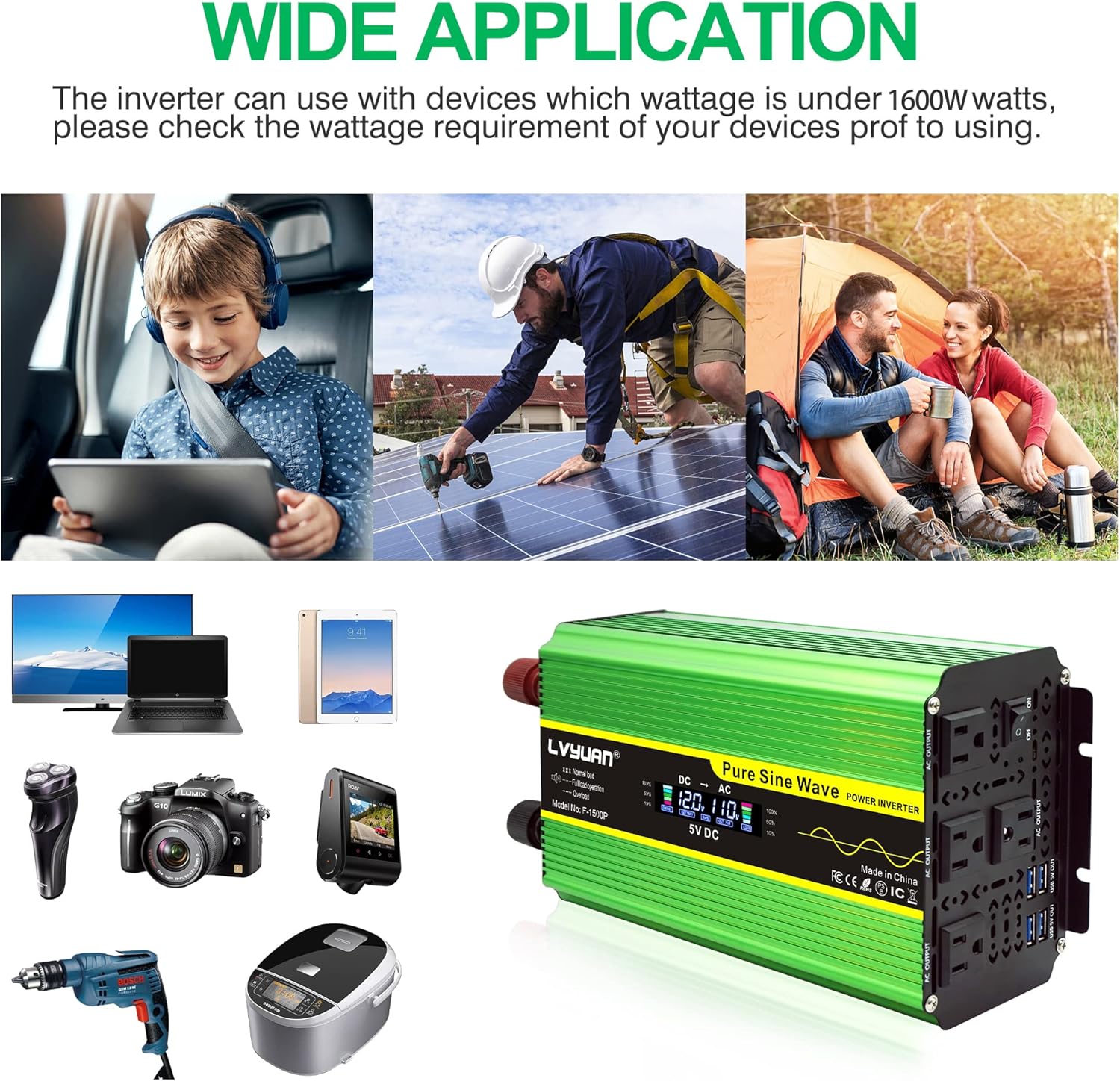 Pure Sine Wave Inverter 1600 Watts 12V to 110V DC to AC with Remote Controller LCD Display 4 AC Sockets 4 USB Ports R192118
