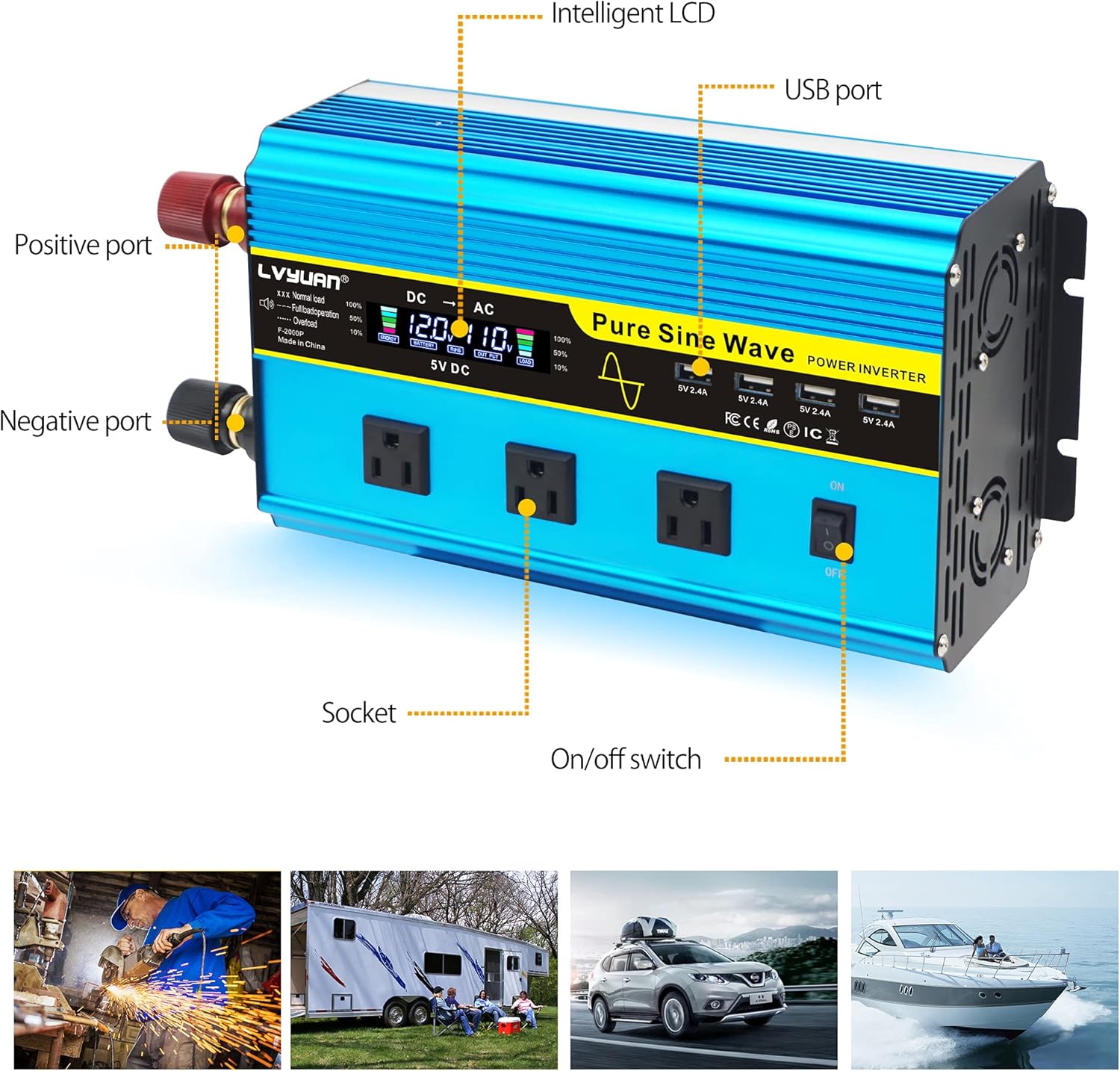 Pure Sine Wave Inverter 1600 Watts 12V to 110V DC to AC with Remote Controller LCD Display 4 AC Sockets 4 USB Ports R192118