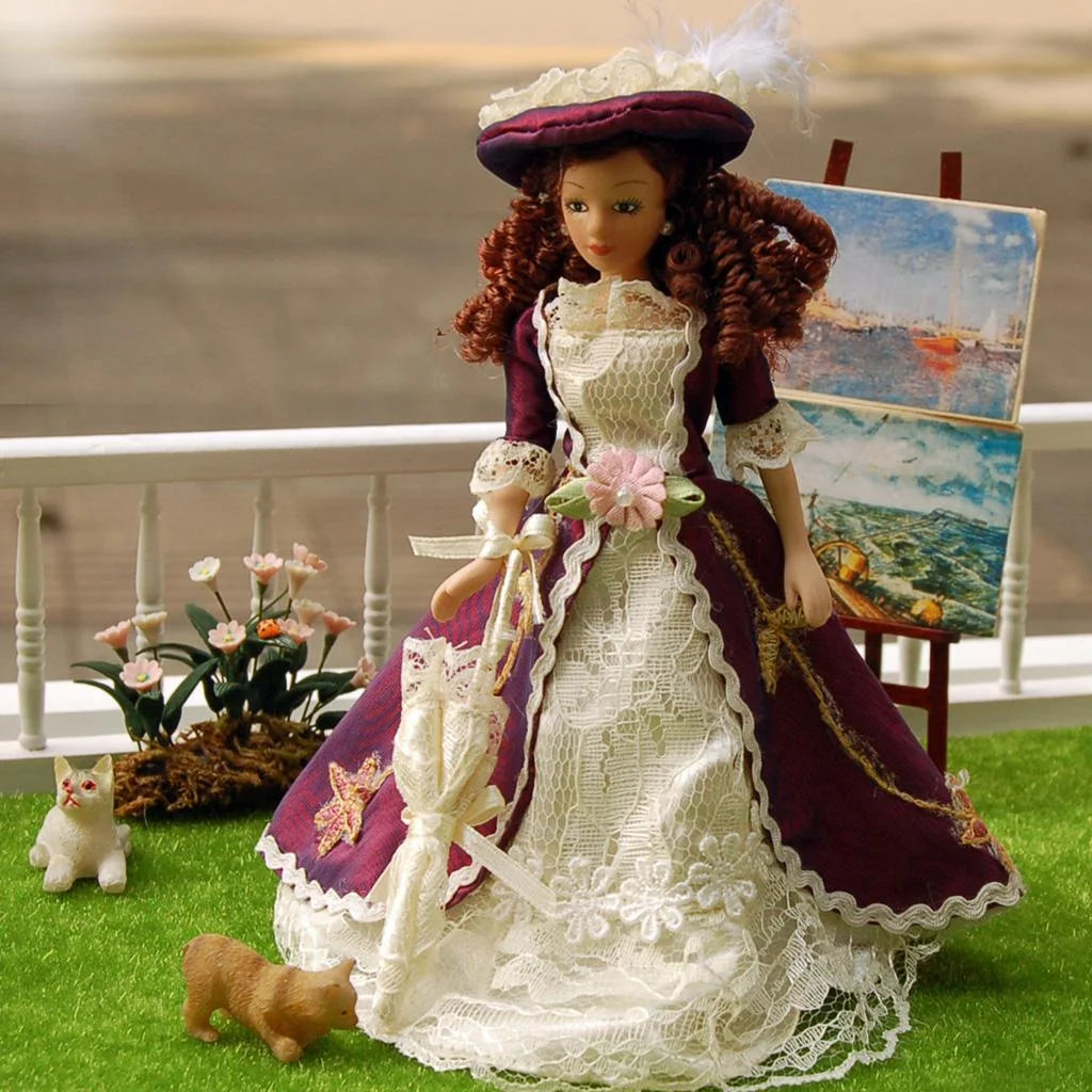 Porcelain Women Dolls with Brown Curly Hair in Elegant Dress and Hat G1129