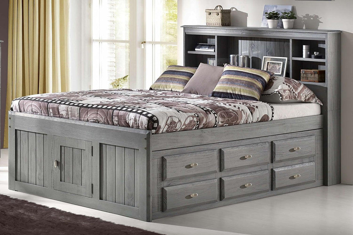 Charcoal Full Size Bookcase Captain Bed with 6 Drawer Storage B6129