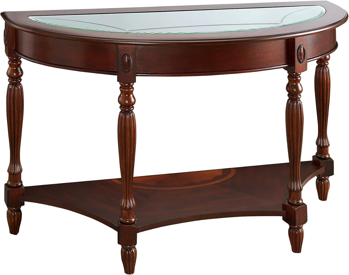 Solid Wood Console Table with Tempered Glass and Storage Shelf Walnut D151